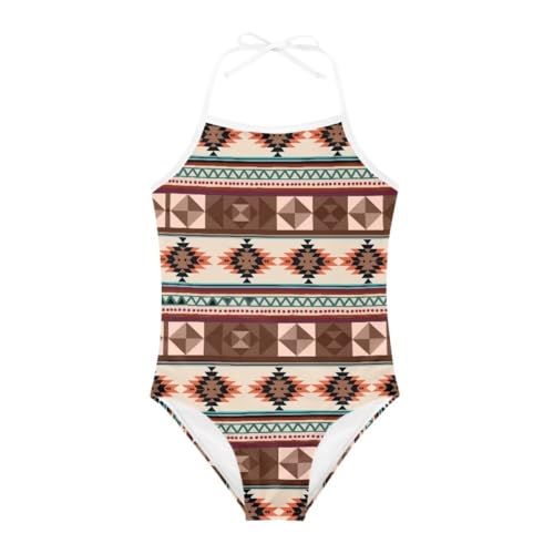 Aztec Brown Print Girls' One-Piece Swimwear Casual Beach Swimsuit for Girls 3-10