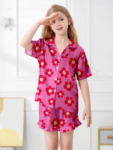 Umeyda Girls Satin Silky Collar V Neck Ruffle Short Sleeve Top and Shorts Sleepwear PJs, Rose Red Flower, 9-10 Years3