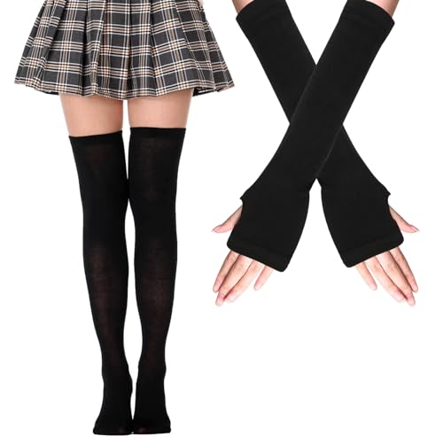 Mayoii Set aus oberschenkelhohen Socken, fingerlose Handschuhe, lange Socken für Damen und Mädchen, Beinwärmer, Schwarz , One size
