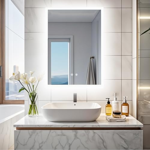 LUVODI Bathroom Mirror with LED Lights: 500x700mm Rectangular Illuminated Dimmable Wall Mounted Mirror with Anti-Fog 3 Lighting Modes Memory Function, Horizontal/Vertical