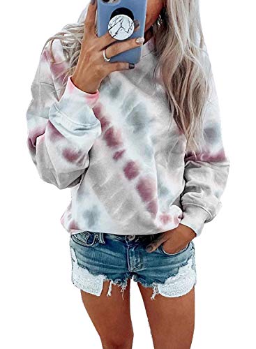 HOTAPEI Women's Casual Tie-Dyed Long Sleeve Round Neck Pullover Sweatshirts Tops Shirts Gray
