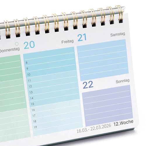 Tischkalender 2026 2027 - Wochenkalender 2026 2027 von März 2026 bis August 2027, 1 Woche 2 Seiten, Kann flach stehen oder liegen, 29,5 x 10,5 cm, Grün