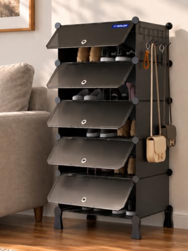Image of BOXJOY 5 Shelf Shoe Racks with 5 Doors, 5 Hook Steel Holder & Wooden Hammer