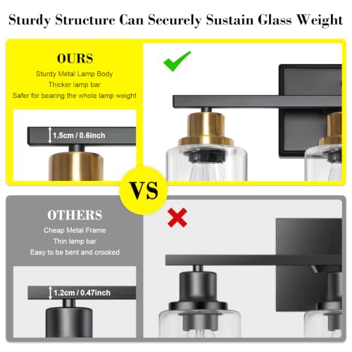 Image of Ascher Bathroom Vanity Light Fixtures, 3 Light Wall Sconces Lighting with Clear Glass Shade, Black and Gold Wall Lights for Mirror, Kitchen, Living Room, Hallway, E26 Base (Bulbs Not Included)