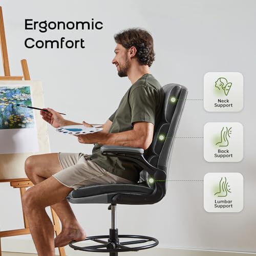 Image of Drafting Chair Tall Office Chair with Padded Flip-up Armrests Executive Ergonomic Computer Standing Desk Chair with Comfortable Leather Backrest and Adjustable Footrest Ring (Gray)