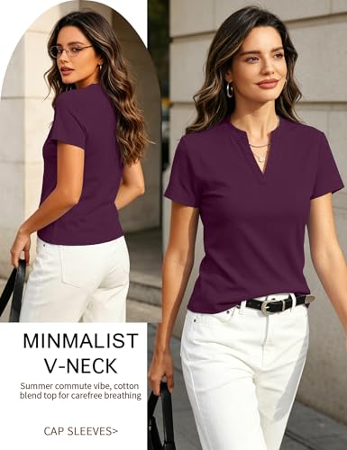 Image of Meetrendi Women's Notch V Neck T-Shirt Slim Fit Premium Cotton Blend Short Top
