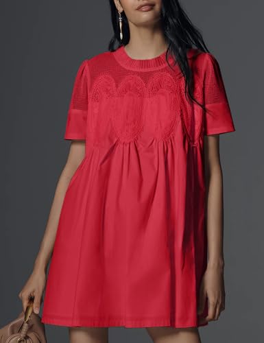 Image of Shiyifa Womens Babydoll Lace Patchwork Dresses Summer Short Sleeve Ruffle Sundress Loose Crew Neck A-Line Dresses