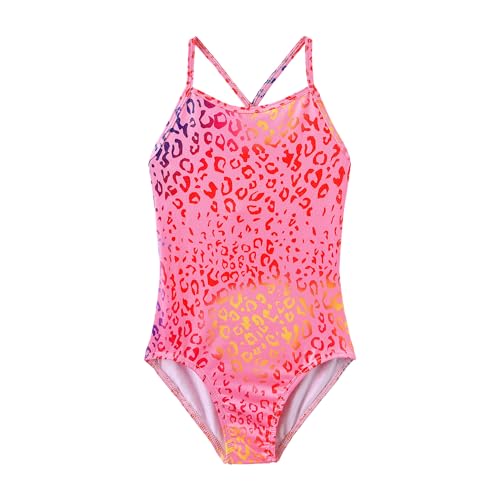 iLover Girls Sparkle One Piece Swimsuits Crossback Swimwear Beach Bathing Suit with Adjustable Strap 5-6 Years Pink Leopard