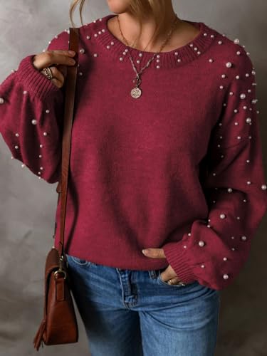 Image of Pearl Sweater for Women Lantern Sleeve Drop Shoulder Crewneck Sweatshirt Knit Chunky Pullover Sweaters with Pearls