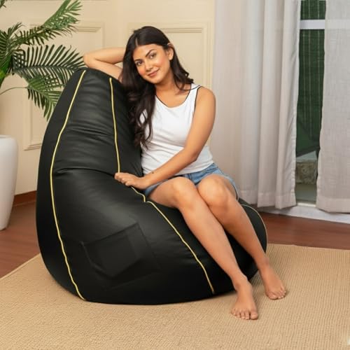 Image of Sattva Classic Piping XXXL Bean Bag with Pocket Filled with Beans | Faux Leather Teardrop Bean Bag for Adults & Teens | Pre-Filled Comfortable Seating for Home, Bedroom - Dark Green with Yellow Piping
