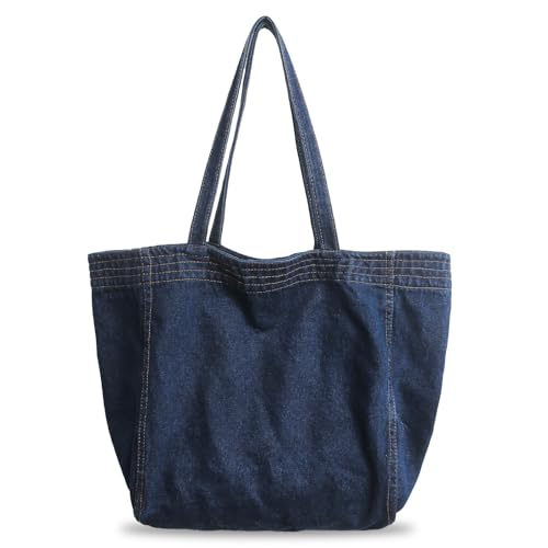 Boziee Denim Tasche Damen Shopper Groß Damen Tote Bag Beuteltasche Mit ReißVerschluss,Tragetasche Shopping Bag für School Schule Arbeit Büro Reisen Einkaufen Alltag (Dunkle Denim)