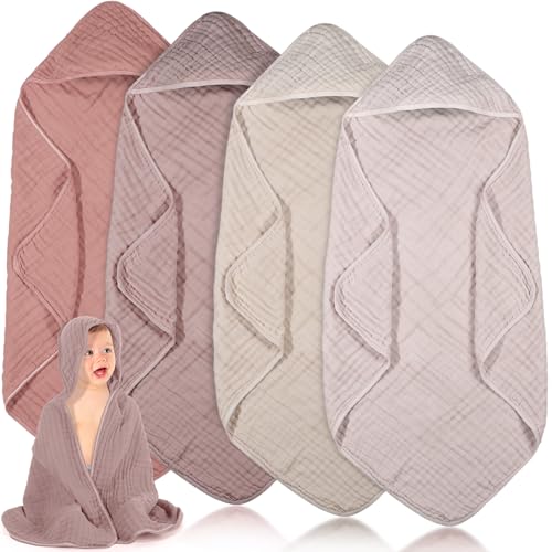 Peryiter 4 Pcs Muslin Hooded Baby Towels,Beige Series