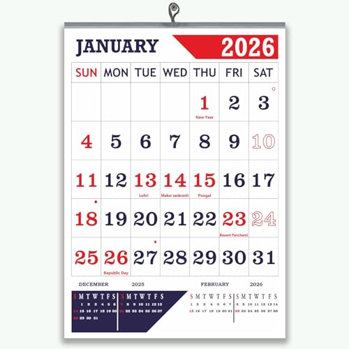 Jazzy English Wall Calendar 2026 with Red and Blue colour special design calendar, 14x20 inch 12 sheets of monthly wall calendar 2026, 130 GSM Art and Oil paper calendar