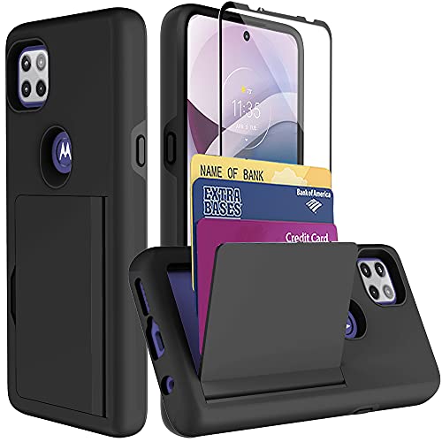 SunRemex Moto One 5G Ace Case with Tempered Glass Screen Protector,Moto G 5G Card Holder Case Kickstand with Credit Card Protective Wallets Cover for Moto G Moto One 5G Ace/Moto G 5G Phone (Black)