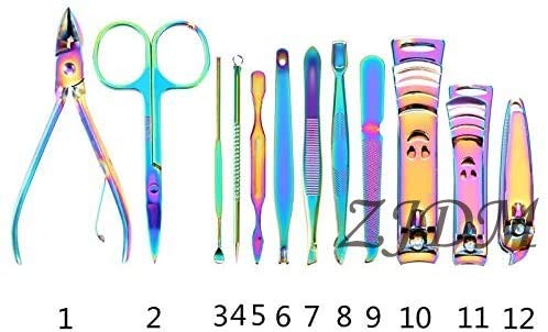 ZJDM Haarschneidemaschine 12 Stück Regenbogen Edelstahl Haarschneidemaschine Kit Nagelhautschieber Pinzette Tote… – Bild 3