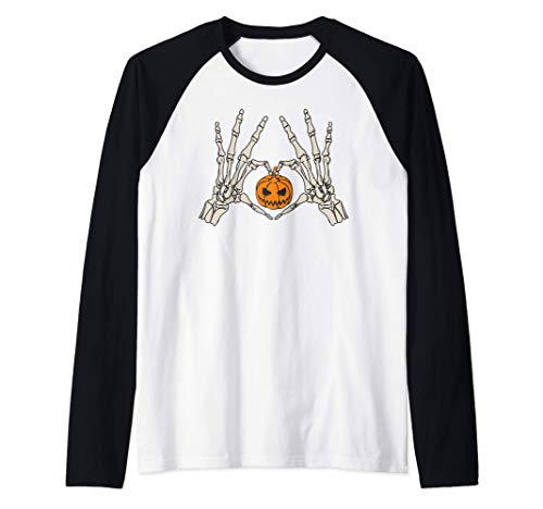 Skelton Hands Love Heart Shape Pumpkin Spooky Halloween Goth Maglia con Maniche Raglan