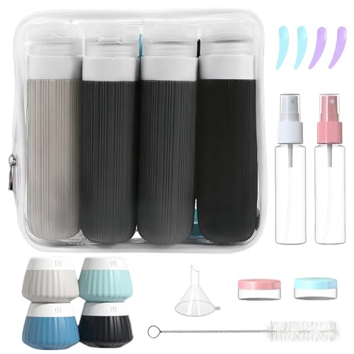 Kit 18 Pièces Flacons Voyage Réutilisables, Bouteilles Silicone Anti-Fuite, Rechargeables et Étiquettes Incluses, pour Shampooing, Lotion, Articles de Toilette (Noir)