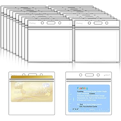 Fushing 20pcs Heavy Duty Double ID Card Badge Holder, Clear 8.5x11cm Horizontal PVC with Waterproof Resealable Zip, Plastic Name Tag Holder, Single Layer Thickness 0.4mm Cover