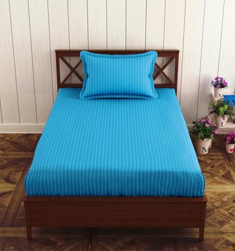 Image of Trance Home Linen 100% Cotton 78x36 inch Single Fitted 200TC Satin Stripe Elastic Bedsheet | Single Bed Size Daily use Fitted Bedspread with 1 Pillow Cover (78 inchx36 inch | 6.5x3 feet, Aqua Turquoise Blue)