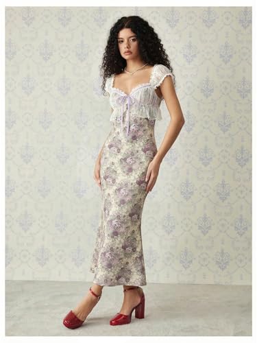 Image of GORGLITTER Women's Sweetheart Neckline Wedding Guest Tea Party Maxi Dress | Boho Vintage Dress, Bridal Shower Dresses for Guest, Floral Dress, Cocktail Birthday Dress,