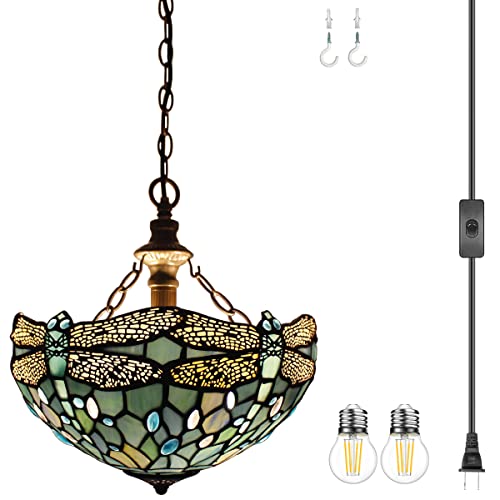 Image of WERFACTORY Tiffany Pendant Light Plug in Stained Glass 12 Inch Hanging Lamp