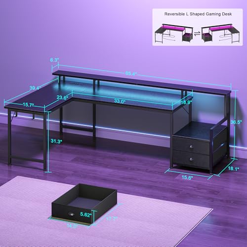 Image of Korfile 66'' L Shaped Gaming Desk with Storage Drawers, Power Outlets, LED