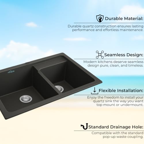 Image of ARQUIN Double Bowl Quartz Kitchen Sink 31x18x9 Inch Grey | Durable & Scratch-Resistant Sink | Undermount,Topmount | Including Coupling,Sink Connector,Waste Pipe & Fruit Washing Basket