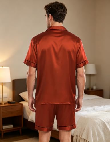 Image of SWOMOG Men Satin Silk Pajamas Sets Short Sleeve Sleepwear Button-Down PJs Sets Two-Pieces Loungewear with Pockets
