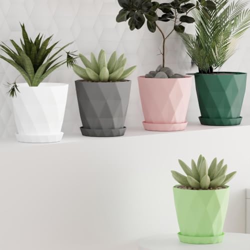 Image of OCRETA Set of 5 | 6.5 Inch Flower Pots for Home Decoration, Garden Plants, Indoor Use - Big Plastic Planters (Elegant Grey)