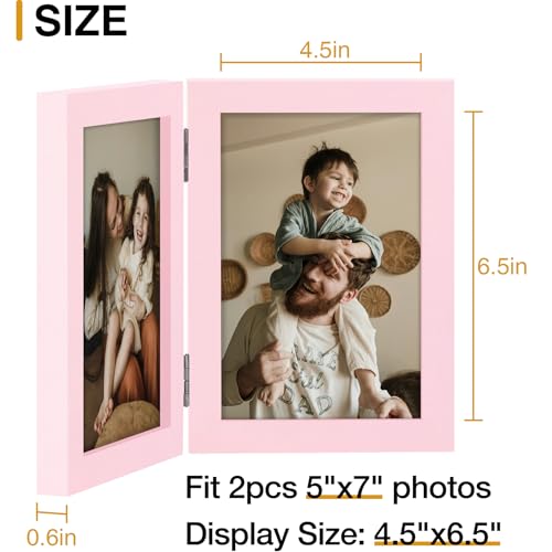 decorUhome Double 5x7 Picture Frame Vertical, Engineered Wood Bifold Photo Frame with Plexiglass for Tabletop Display, 5x7, Pink