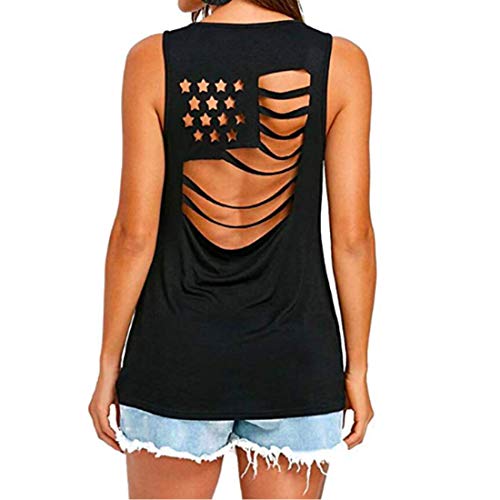 Neal LINK Women Casual American Flag Pattem Sleeveless T-Shirt Hollow Out Back Tank Top Black
