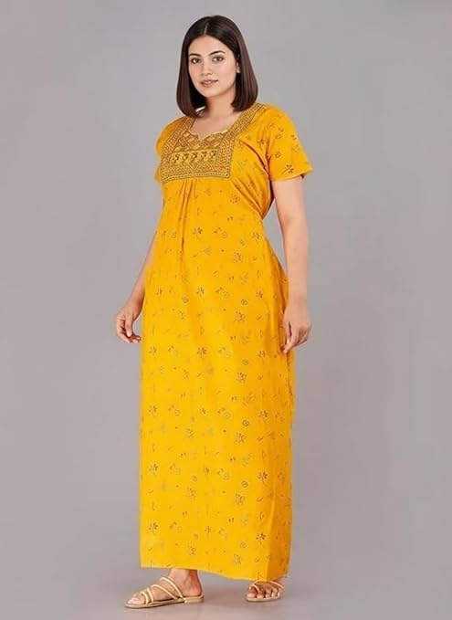 Image of OFEEFAN Women's Cotton Embroidered Jaipuri Nighty Gown - Pack of 2 Rajasthani Print Maxi Night Dress with Pocket - Soft & Comfortable Ladies Sleepwear & Loungewear
