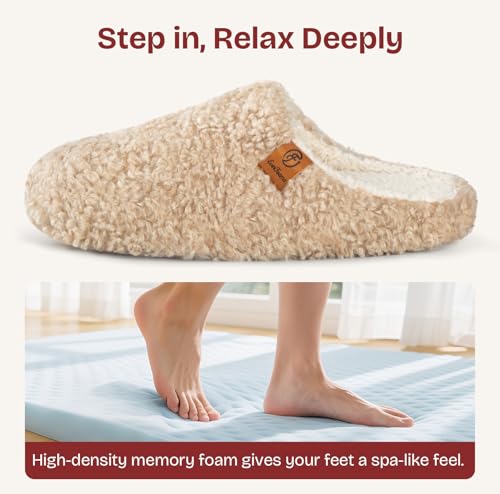EverFoams Women's Mule Slippers Comfy Warm Shearling Lightweight Breathable Memory Foam Anti-Slip House Shoes Khaki,3-4 UK - Image 4