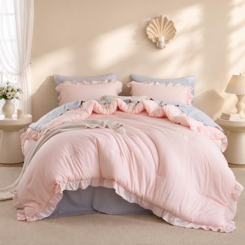 JANZAA Blush Pink Comforter Set Queen, Ruffle Soft Bedding