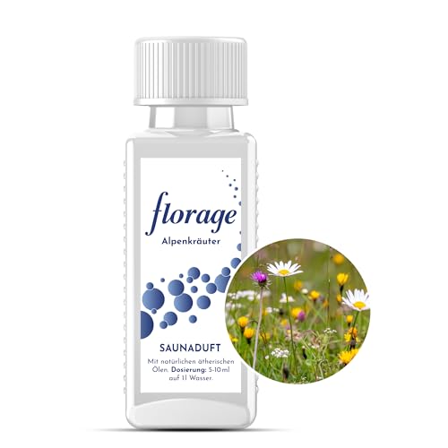 Florage 100ml Saunaaufguss ALPENKRÄUTER - 50 Jahre Erfahrung als deutsche Duftmanufaktur, hochergiebiges Aufgussmittel für die Sauna, viele Aufguss Düfte, vegan und ohne Tierversuche, auch als Set