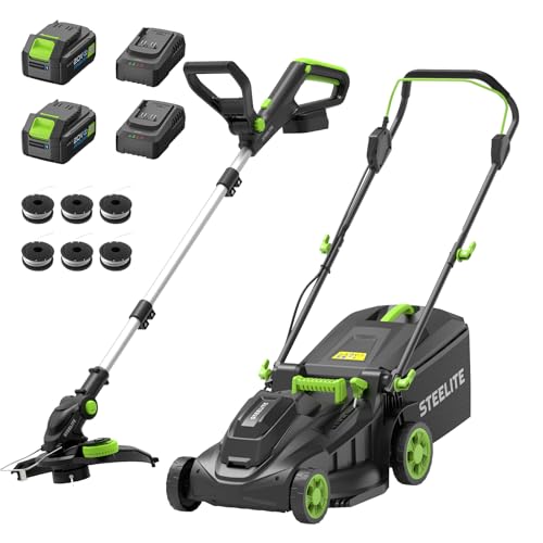 STEELITE 40V 17-inch Electric Lawn Mower and 12-Inch Cordless String Trimmer Combo with 2x4.0Ah Batteries and Dual Chargers