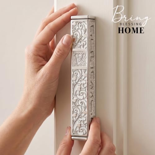 Image of SURI Mezuzah for Door with Scroll, 7 Inch Silver and White Mezuzah Case with Non Kosher Scroll Inside, Fits a up to 6 Inch Scroll, Includes Adhesive and Gift Box