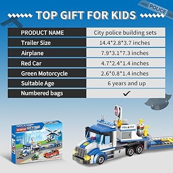 COGO Police Force building blocks set showing assembled police truck and various small vehicles with size specifications