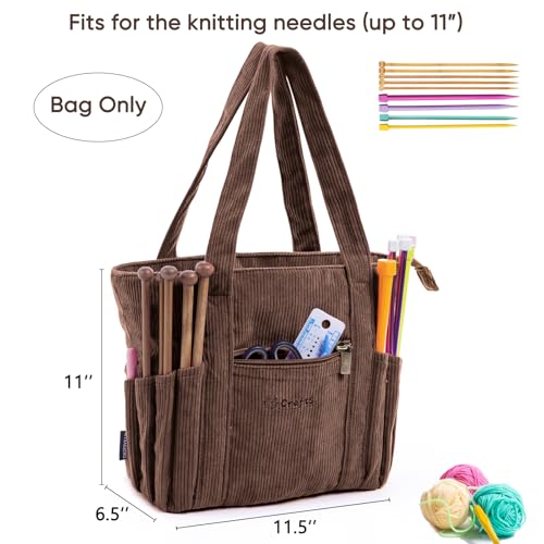 Image of MYBAGZING Corduroy Crochet Bag 11.5 inch Large Yarn Storage Tote with Grommets, Needle Holders - Knitting Bag Organizer for Crochet Hooks, Accessories, Tools & Projects -Gift for Knitters & Crafters