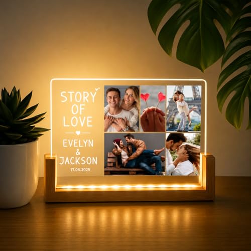 Image of Custom Photo Collage LED Lamp, Personalised Acrylic Night Light, Warm White, Modern Style, Anniversary and Birthday Gift for Couples and Friends (Design 4)