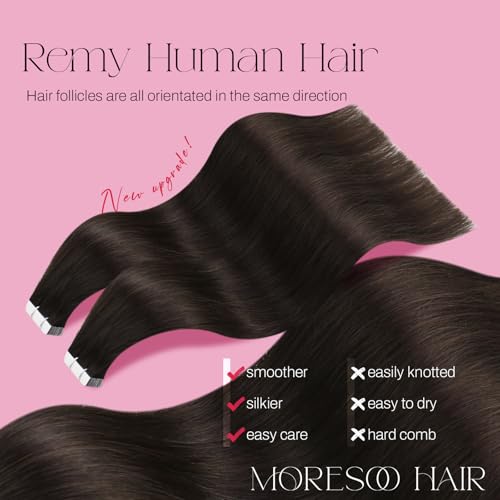 Image of Moresoo Darkest Brown Tape in Real Hair Extensions, 24 Inch, 20Pcs, 50g | Hair extensions tape in, invisible skin weft, dark brunette tone, long straight strands, braids and photo shoot styling