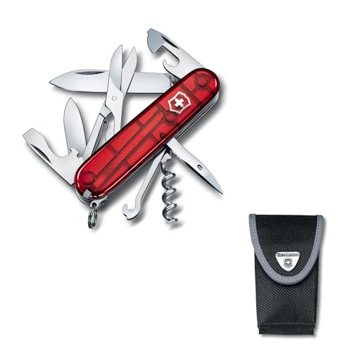 【セット買い】VICTORINOX(ビクトリノックス) クライマー トランスルーセントレッド ナイフ+ナイロンケース 多機能 ナイフ トレッキング ハイキング 登山用品 はさみ マルチフック付き 14機能を搭載したスイス製マルチツール 十徳ナイフ 【国内正