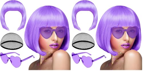 Image of PLULON Purple Bob Wig and Sunglass Set, Neon Short Bob Wig Sunglass Pack Costume Colorful Cosplay Hairpieces for Bachelorette Neon Party Favors, Halloween Decorations (Pack of 2)