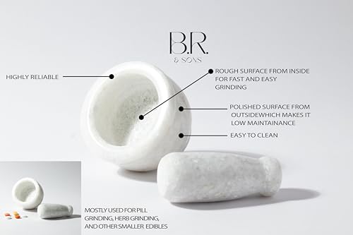 Image of B.R. & Sons Marble Mortar and Pestle Set | Stylish Imam Dasta, Ohkli Musal for Spices & Herbs - Available in Various Shapes & Colors (WHITE POLISHED 3x2 INCH)