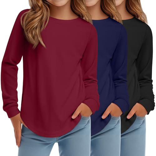 3 Pack Girls Long Sleeve T Shirts, Kids Crew Neck Casual Shirts Curve Hem Soft Tees Loose Fit Basic Tunic Tops