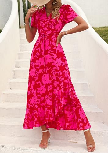 PRETTYGARDEN Women's Boho Floral Maxi Dress Summer Short Sleeve Wrap V Neck Long Flowy Beach Vacation Wedding Guest Dresses