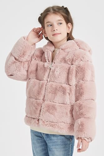Image of Giolshon Girls Faux Fur Fleece Jacket Sherpa Fuzzy Hoodie Winter Coat with Full Zip Fluffy Outerwear 2169