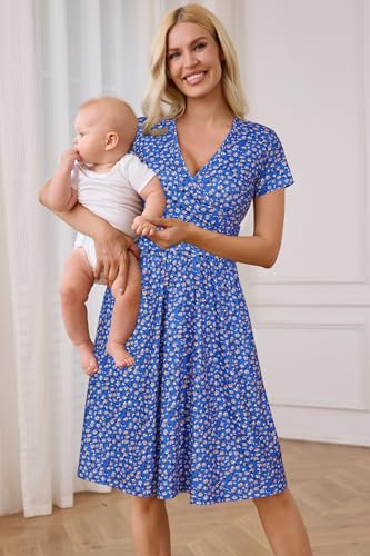 Image of OUGES Maternity Nursing Dress Breastfeeding Short Sleeve V Neck Casual Pregnancy Clothes with Pockets