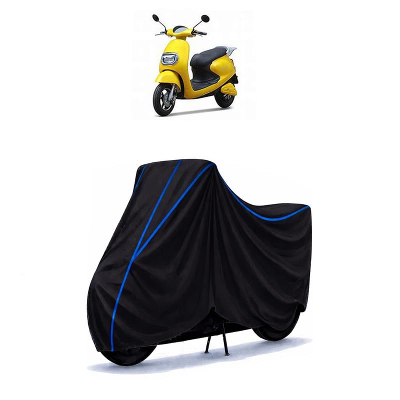 Image of Scooty Cover Water Resistant for Techo Emerge BS6 | Universal Scooter & Bike Cover | Heavy Duty UV Dust, Rain & Scratch Protection | Elastic Fit All Weather Indoor Outdoor | Black with Blue Piping
