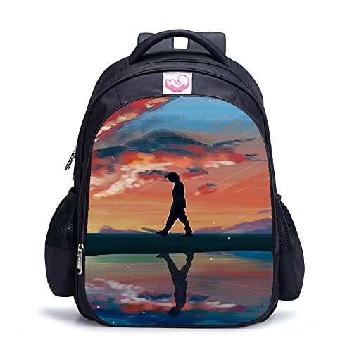 Mochila escolar de 16 pulgadas con paisaje de puesta de sol 3D para adolescentes y viaje